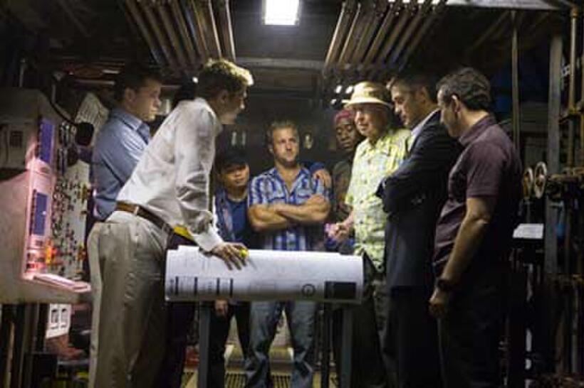 Matt Damon, Brad Pitt, Shaobo Qin, Scott Caan, Don Cheadle, Carl Reiner, George Clooney and Eddie Jemison in "Ocean's Thirteen."