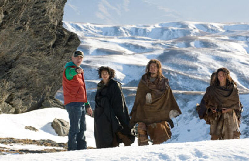 Director Roland Emmerich, Steven Strait and Camilla Belle on the set of "10,000 B.C."