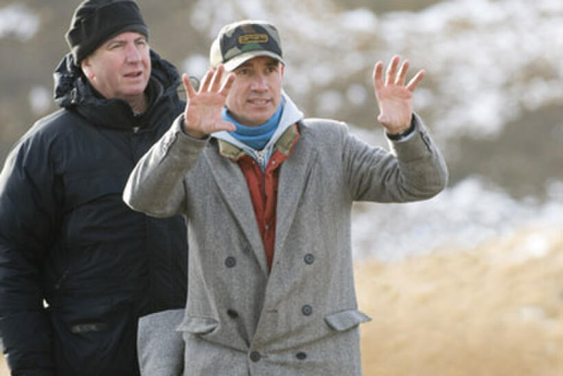 Director Roland Emmerich with camera operator Peter Taylor on the set of "10,000 B.C."