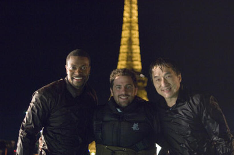 Chris Tucker, director Brett Ratner and Jackie Chan on the set of "Rush Hour 3."