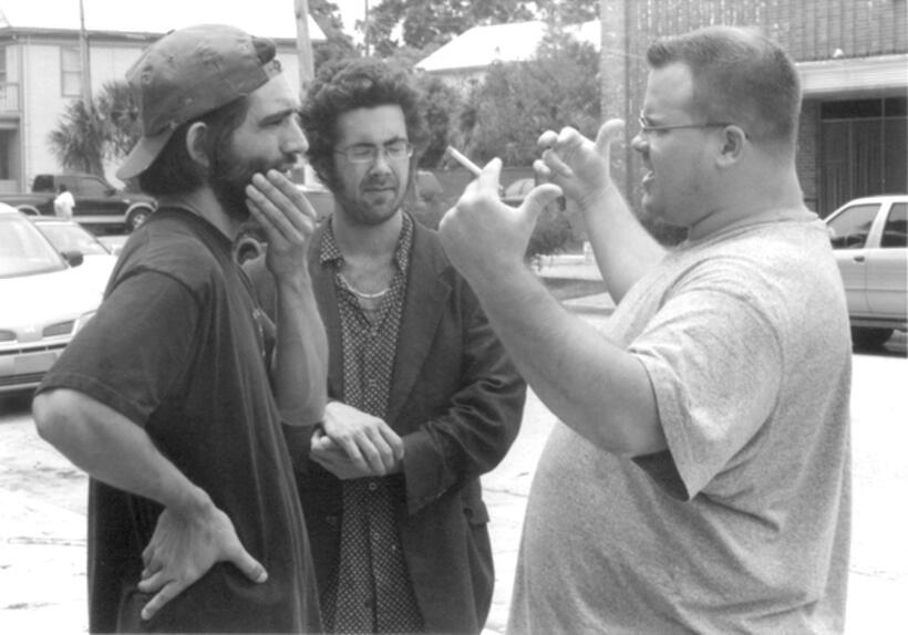 Director Michael Tully, Damian Lahey and cinematographer Shawn Lewallen on the set of "Cocaine Angel."