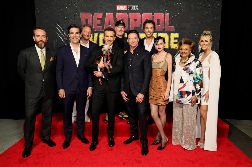 
	Matthew Macfadyen, Rob Delaney, Louis D'Esposito, Ryan Reynolds (holding Peggy the dog), Kevin Feige, Hugh Jackman, Shawn Levy, Emma Corrin, Leslie Uggams and Wendy Jacobson

