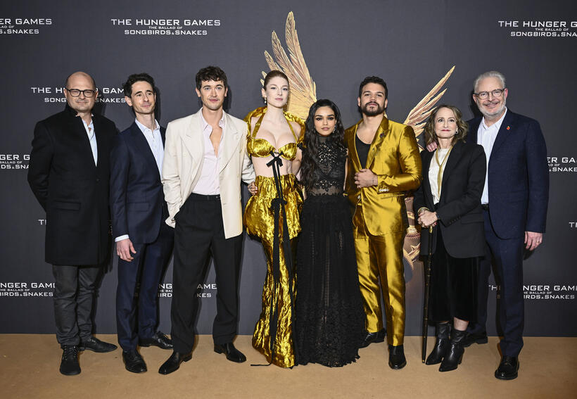 
	Brad Simpson, Michael Lesslie, Tom Blyth, Hunter Schafer, Rachel Zegler, Josh Andr&eacute;s Rivera, Nina Jacobson and Francis Lawrence
