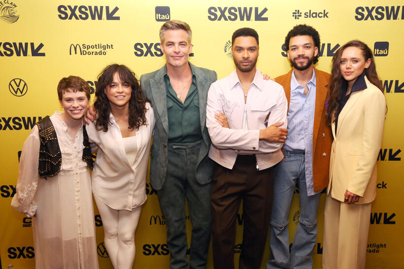 
	Sophia Lillis, Michelle Rodriguez, Chris Pine, Reg&eacute;-Jean Page, Justice Smith and Daisy Head
