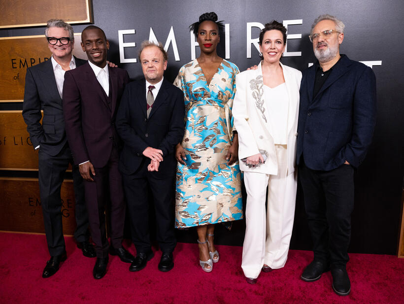 
	Colin Firth, Micheal Ward, Toby Jones, Tanya Moodie, Olivia Colman and Sam Mendes
