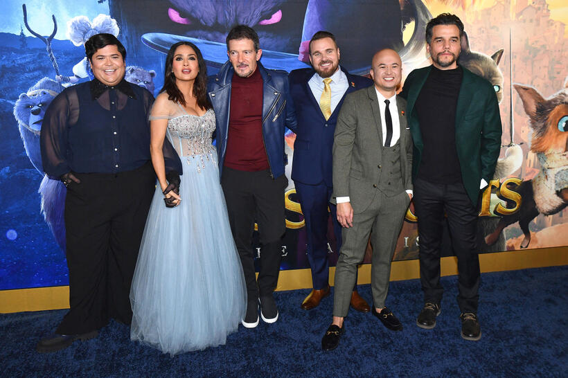 
	Harvey Guill&eacute;n, Salma Hayek, Antonio Banderas, director Joel Crawford, co-director Januel Mercado and Wagner Moura&nbsp;
