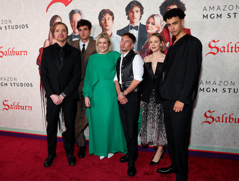 
	Paul Rhys, Jacob Elordi, Emerald Fennell, Barry Keoghan, Carey Mulligan and Archie Madekwe&nbsp;
