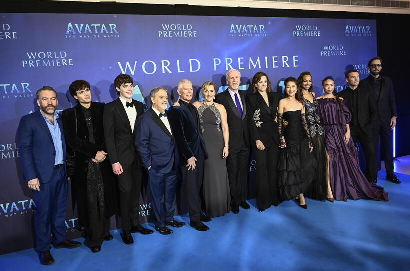 
	Brendan Cowell, Jamie Flatters, Jack Champion, Jon Landau, Stephen Lang, Kate Winslet, James Cameron, Sigourney Weaver, Trinity Jo-Li Bliss, Zoe Saldana, Bailey Bass, Sam Worthington and Joel David Moore&nbsp;
