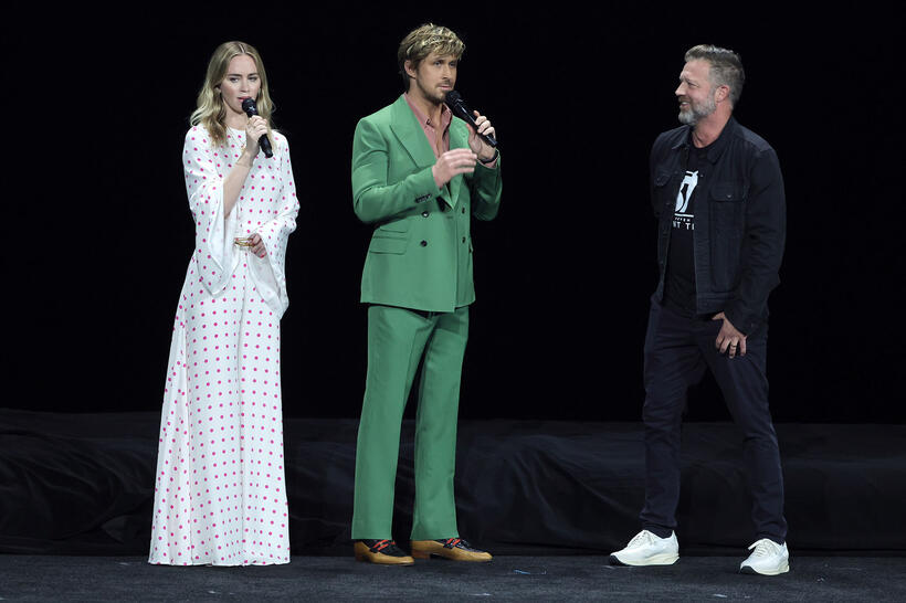 
	Emily Blunt, Ryan Gosling and David Leitch
