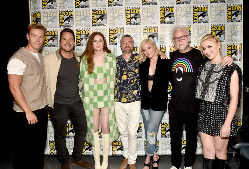 
	Will Poulter, Chris Pratt, Karen Gillan, Sean Gunn, Pom Klementieff, James Gunn, and Maria Bakalova
