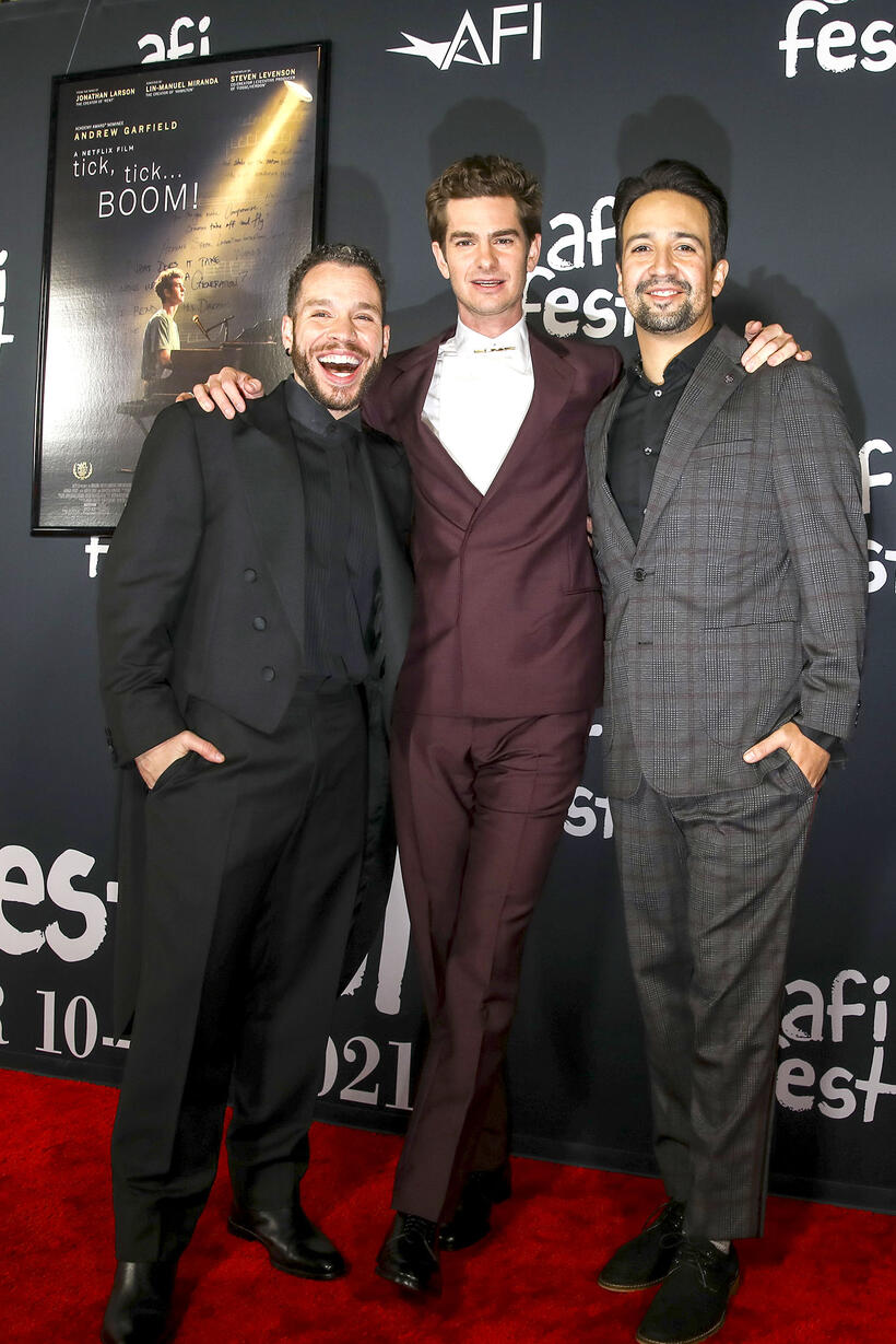 
	Robin de Jes&uacute;s, Andrew Garfield and director Lin-Manuel Miranda
