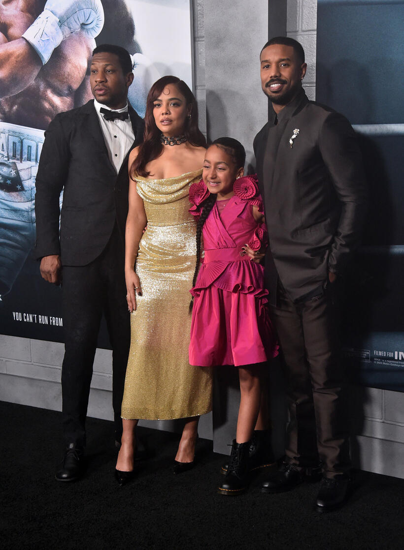 
	Jonathan Majors, Tessa Thompson, Mila Davis-Kent and Michael B. Jordan
