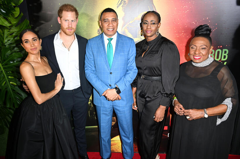 
	Meghan, Duchess of Sussex; Prince Harry, Duke of Sussex; Andrew Holness; Juliet Holness; and Olivia Grange
