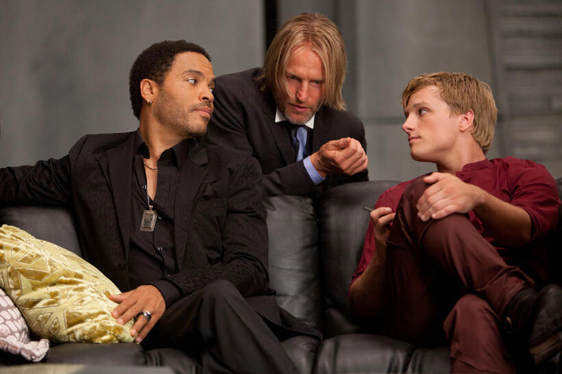 Cinna (Lenny Kravitz), Haymitch Abernathy (Woody Harrelson) and Peeta (Josh Hutcherson).