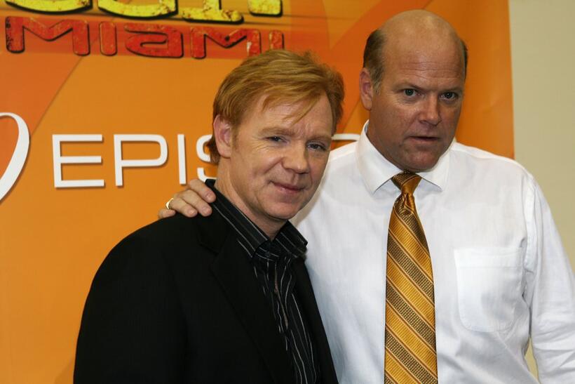 David Caruso and Rex Linn at the CSI Miami 100th Episode Cake Cutting Party.