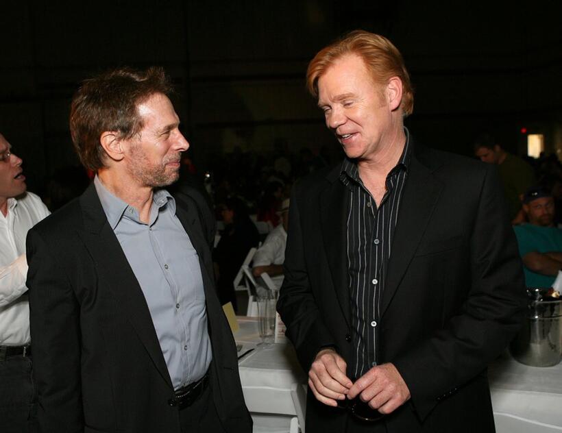 David Caruso and Jerry Bruckheimer at the CSI Miami 100th Episode Cake Cutting Party.