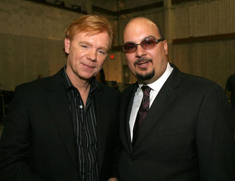 David Caruso and Anthony E. Zuiker at the CSI Miami 100th Episode Cake Cutting Party.
