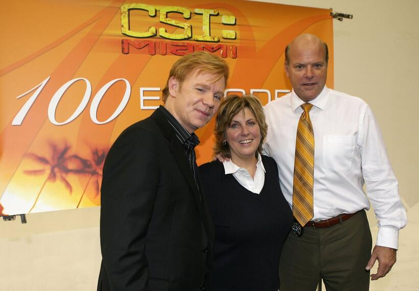 David Caruso, Ann Donahue and Rex Linn at the CSI Miami 100th Episode Cake Cutting at Raleigh Studios.