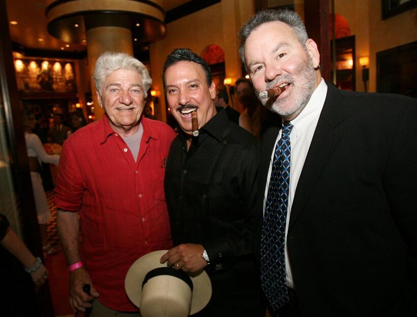 Seymour Cassel, Carlos Fuente Jr. and Wayne Suarez at the Casa Fuente cigar party in honor of Dennis Hopper's birthday.