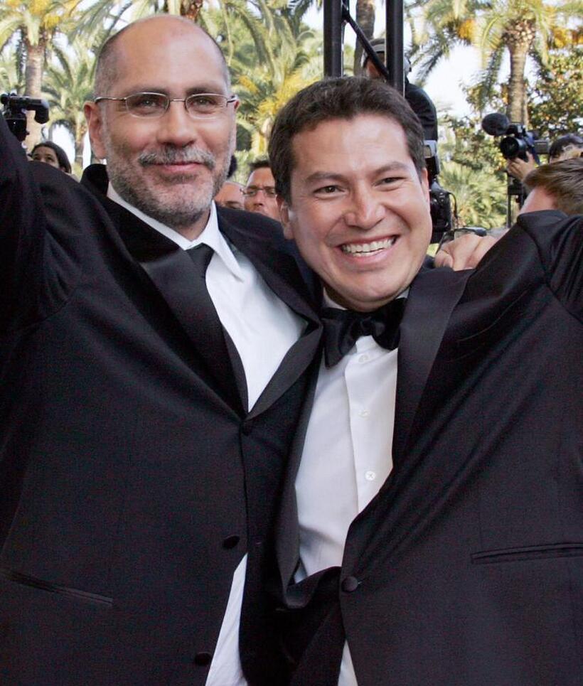 Guillermo Arriaga and Julio Cedillo at the screening of "The Three Burials of Melquiades Estrada" during the 58th edition of the Cannes International Film Festival.