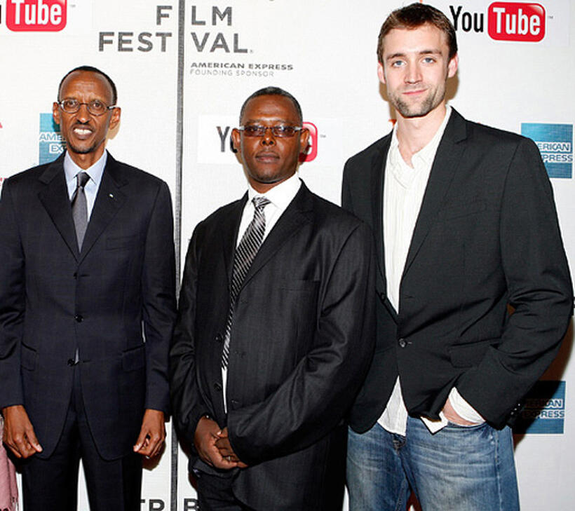 Rwandan President Paul Kagame, Jean Pierre Sagahutu and Reid Carolin at the premiere of "Earth Made Of Glass" during the 2010 Tribeca Film Festival.