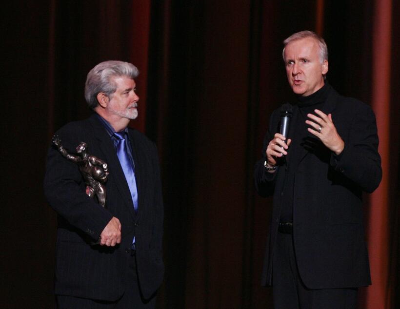 James Cameron at the Jules Verne Adventure Film Festival gives away Life Achievement Award to the director George Lucas.