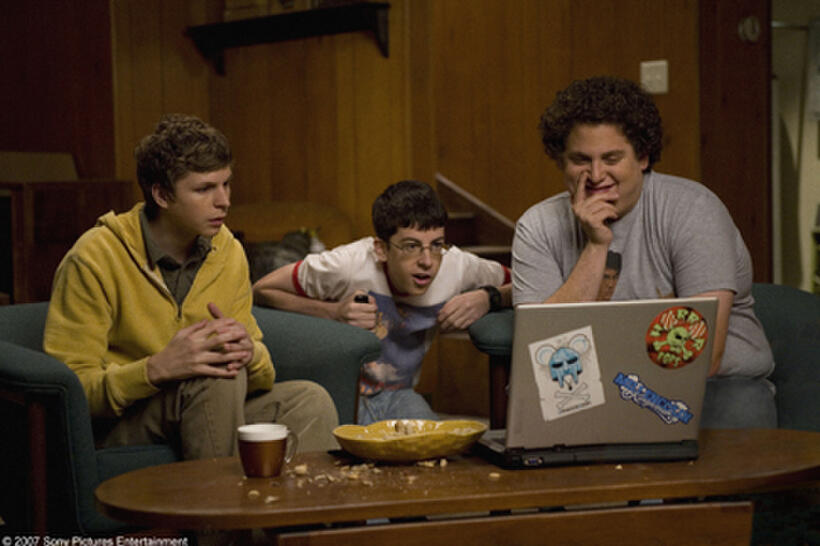 Evan (Michael Cera), Fogell (Christopher Mintz-Plasse) and Seth (Jonah Hill) in "Superbad."