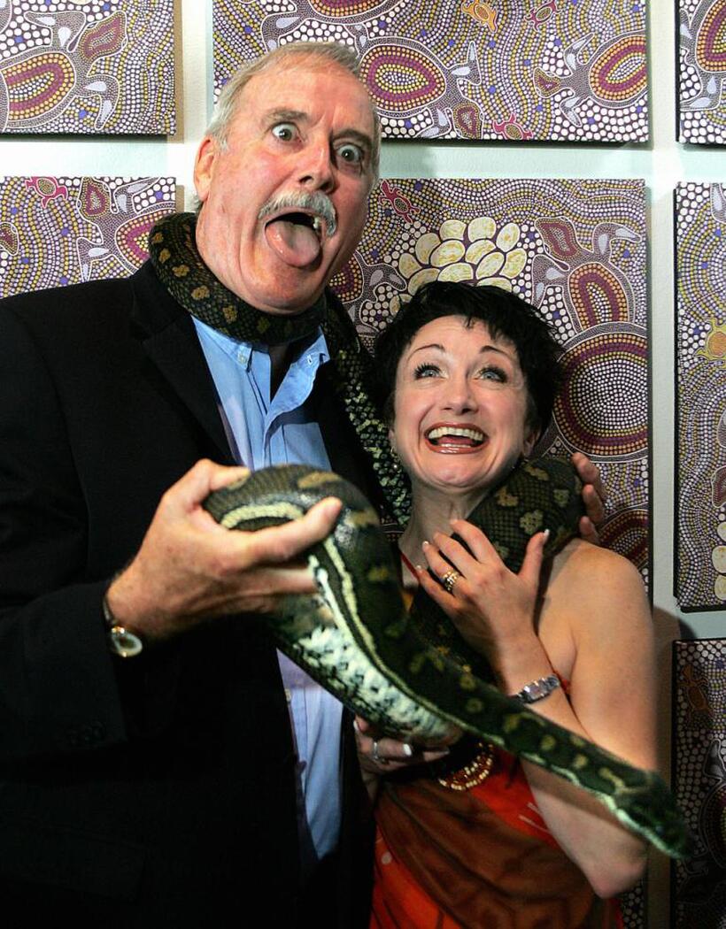 John Cleese and Caroline OConnor at the visit to Sydneys Taronga Zoo.