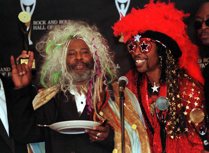 George Clinton and Bootsy Collins at the press conference in Cleveland.