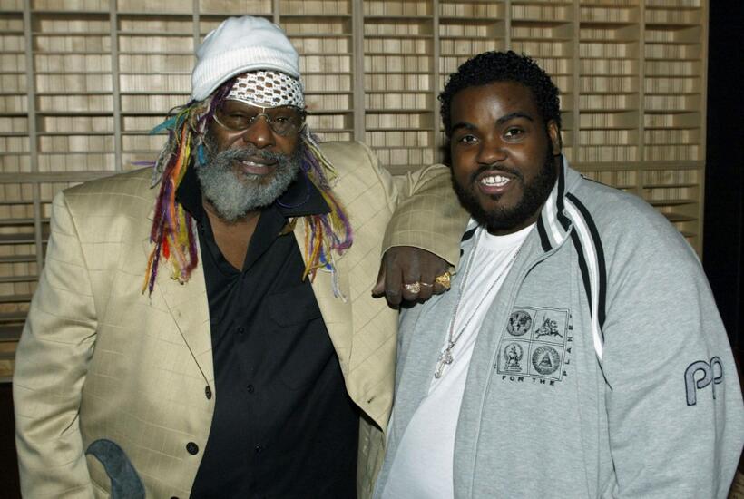 George Clinton and Producer Rodney Jenkins at the "We Are Family" recording session.