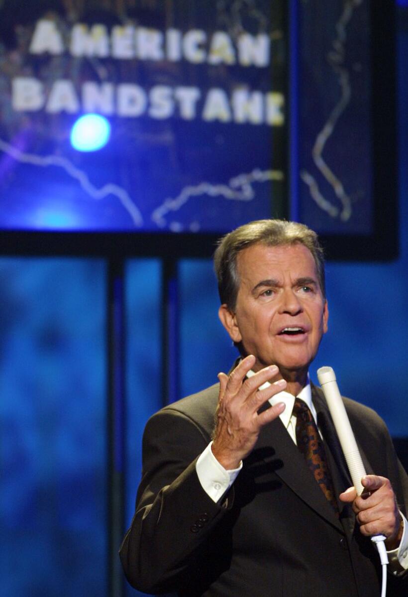Dick Clark introduces Michael Jackson at the taping of the 'American Bandstand 50th...A Celebration' show.