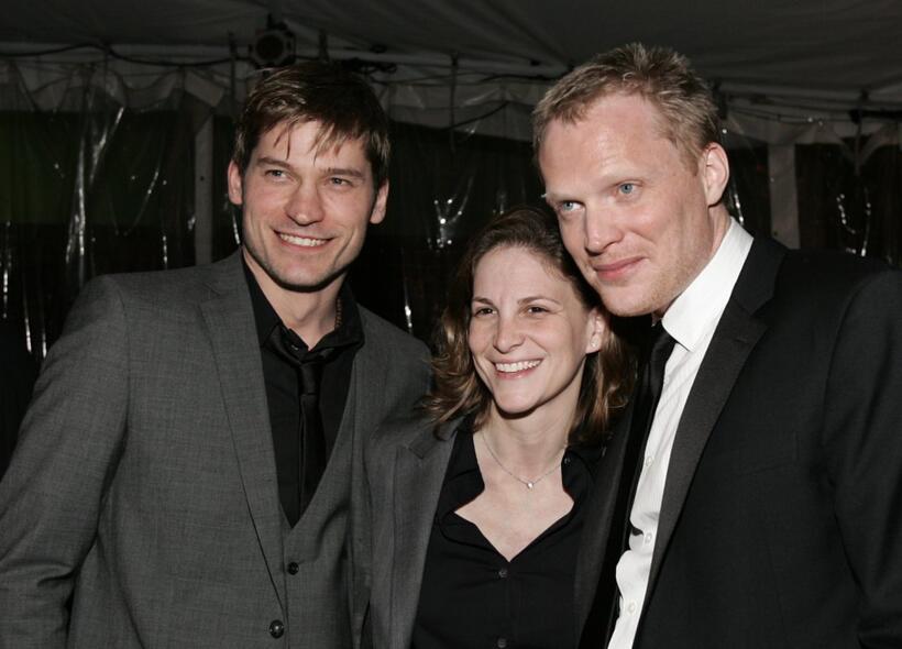 Nikolaj Coster-Waldau, producer Dana Goldberg and Paul Bettany at the after party of the premiere of "Firewall."