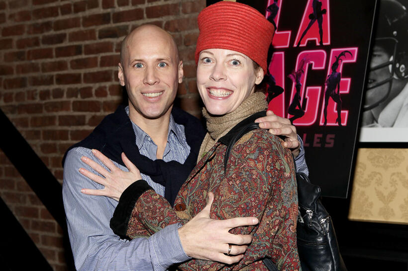 Christophe Caballero and Veanne Cox at the after party of "La Cage Aux Folles" in New York.