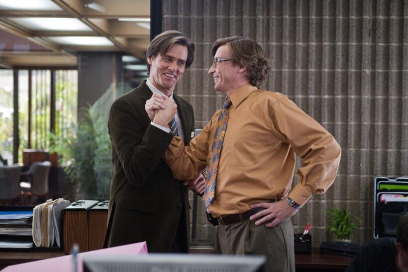 Jim Carrey as Carl and Rhys Darby as Norm in "Yes Man."