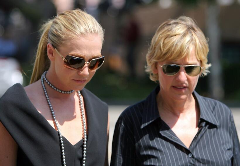 Ellen DeGeneres and Portia DiRossi at the Merv Griffin's Funeral Ceremony.