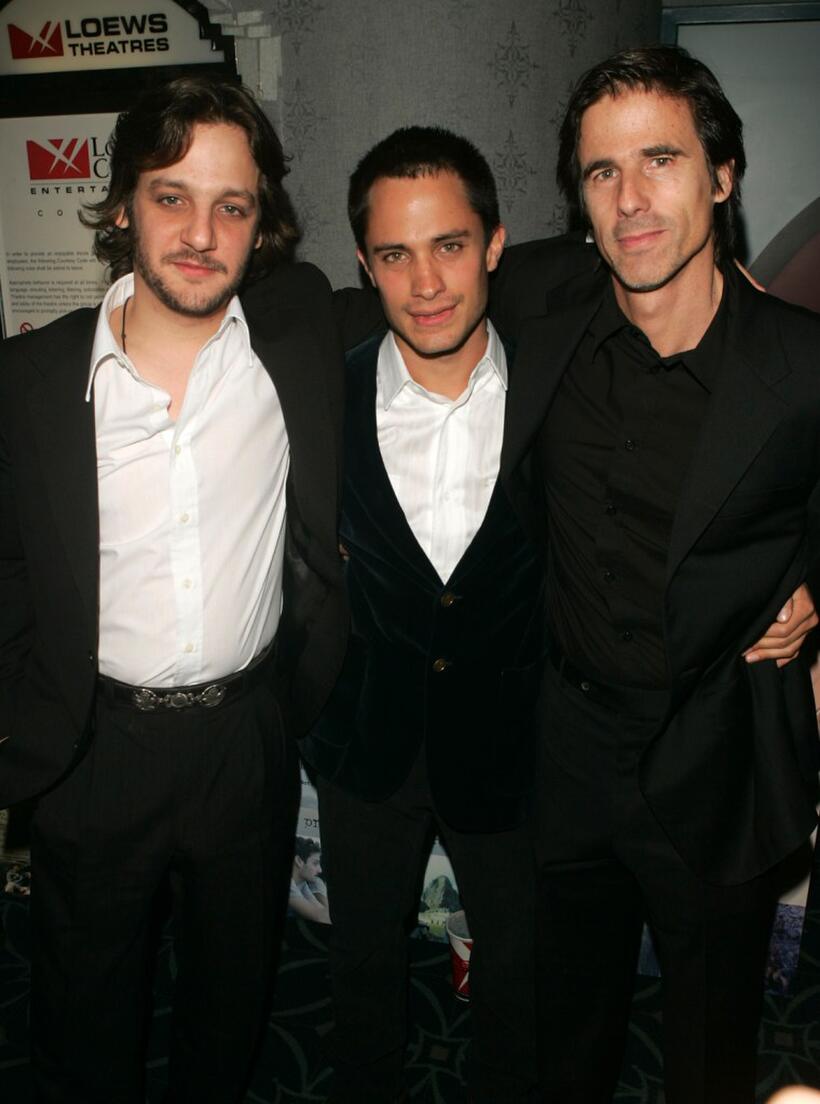 Rodrigo de la Serna, Gael Garcia Bernal and Director Walter Salles at the premiere of "The Motorcycle Diaries."