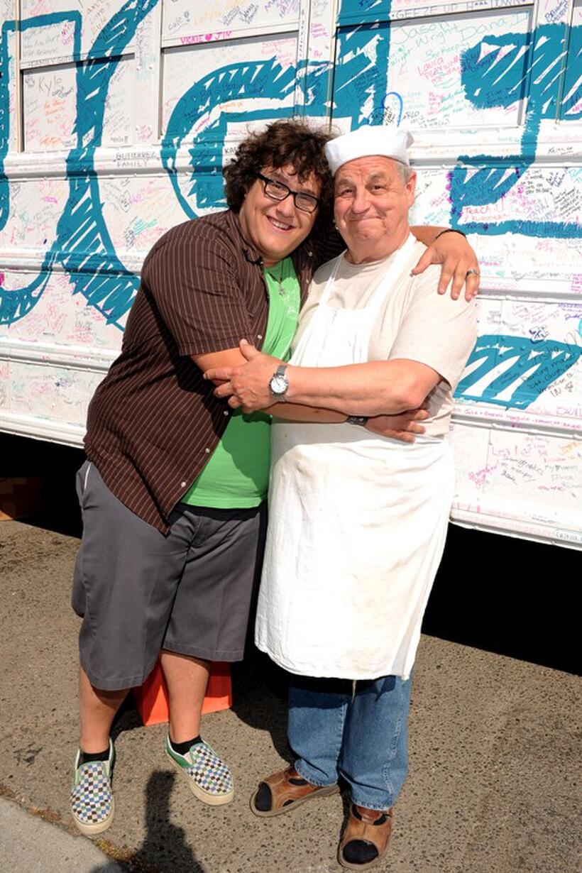 Ari Stidham and Paul Dooley at the ABC Family "Live Huge" bus campaign.