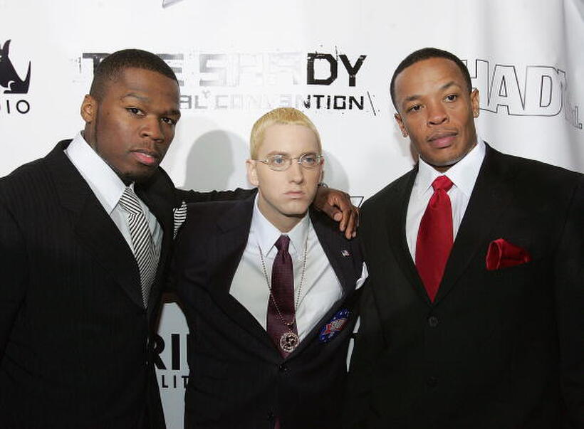 50 Cent, Eminem and Dr. Dre at the Shady National Convention to launch Shade 45.