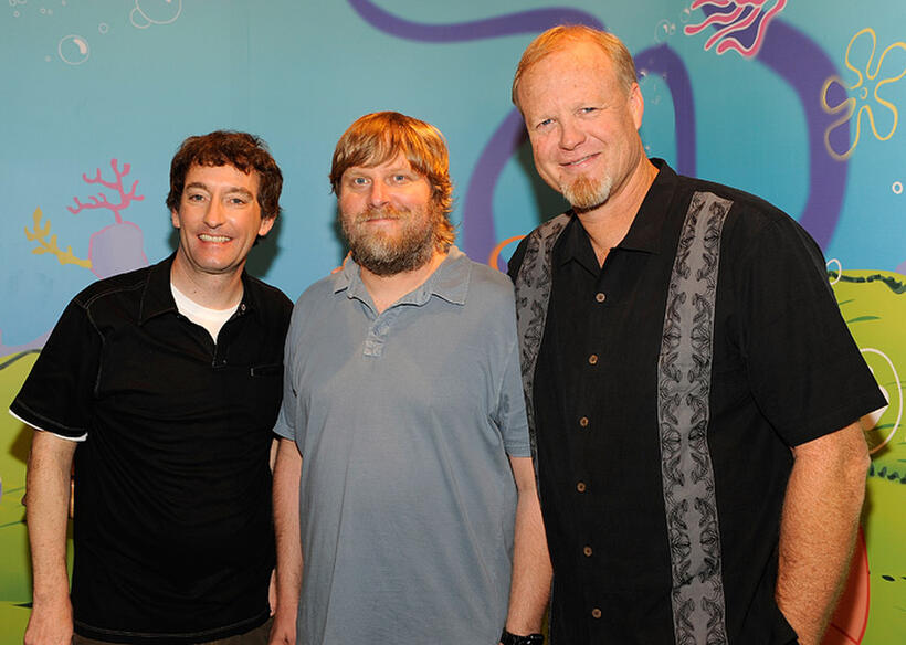 Tom Kenny, Executive Producer Paul Tibbitt and Bill Fagerbakke at the Madame Tussauds in New York.