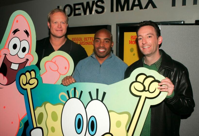 Bill Fagerbakke, Tiki Barber and Tom Kenny at the premiere of "Spongebob Squarepants - The Movie."