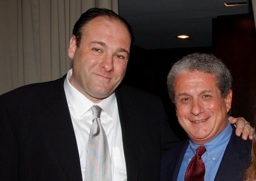 James Gandolfini and Douglas Greenberg at cocktail reception before the benefit premiere of "Broken Silence: International Documentary Series".