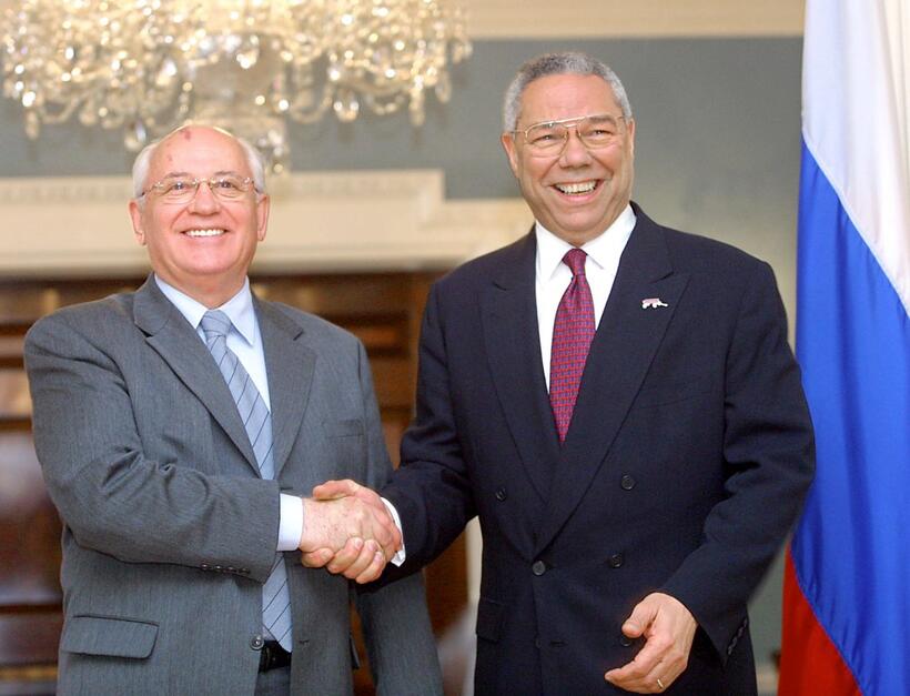Mikhail Gorbachev and Colin Powell at the Harry S. Truman State Department in Washington.