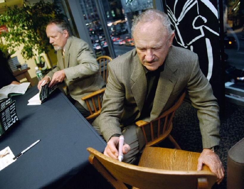 Gene Hackman and Daniel Lenihan at the signing of poster from his movie "The French Connection" and to sign copies of his first novel Perdido Star.