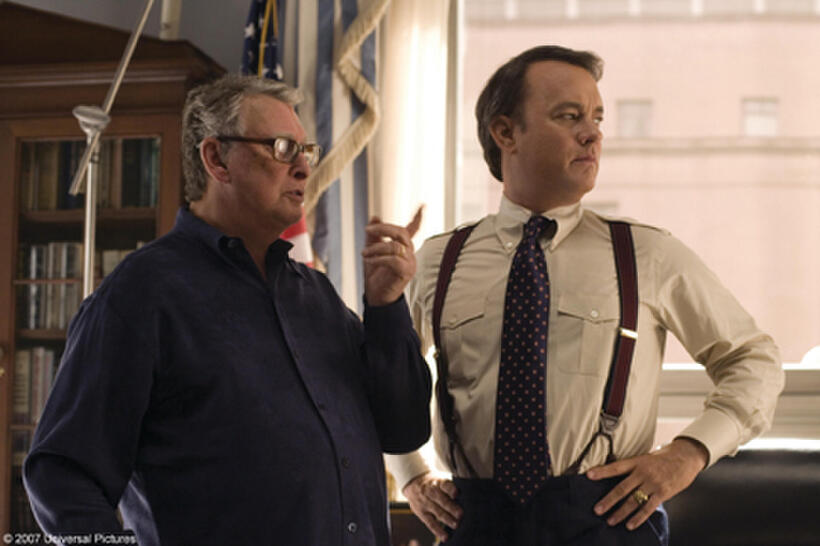 Director Mike Nichols and Tom Hanks on the set of "Charlie Wilson's War."