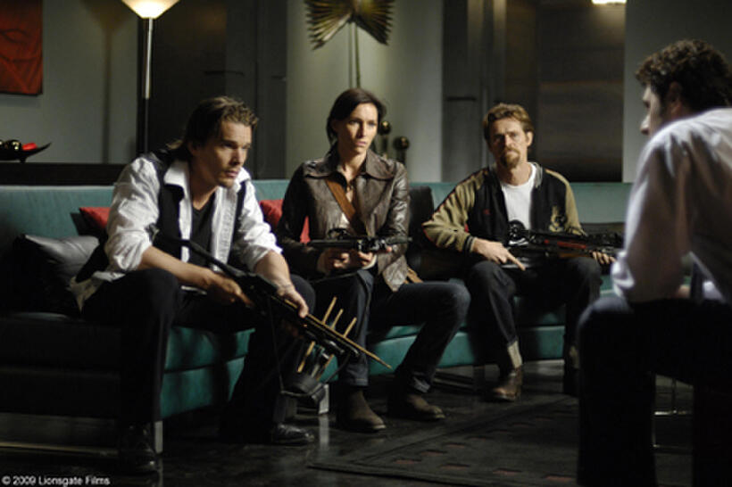 Ethan Hawke as Edward Dalton, Claudia Karvan as Audrey Bennett, Willem Dafoe as Lionel ``Elvis'' Cormac and Vince Colosimo as Christopher Caruso in "Daybreakers."