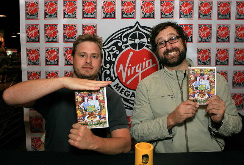 Tim Heidecker and cartoonist Eric Warheim at the DVD Signing of "Tom Goes To The Mayor" in California.