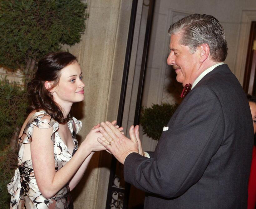 Edward Herrmann and Alexis Bledel at 'The Gilmore Girls' 100th episode celebration on the set at Warner Bros Studios.