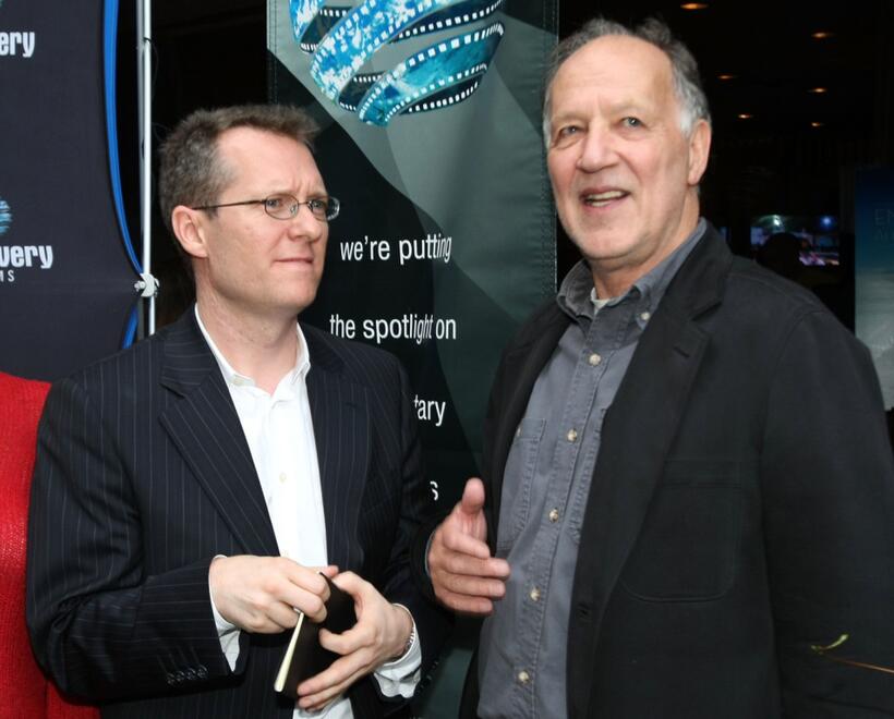 Werner Herzog and Thom Powers at the Werner Herzog Discovery Films reception during the Toronto International Film Festival.