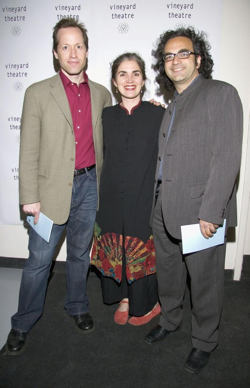 Tim Hopper, Maria Mileaf and Neil Patel at the benefit for the Vineyard Theater.