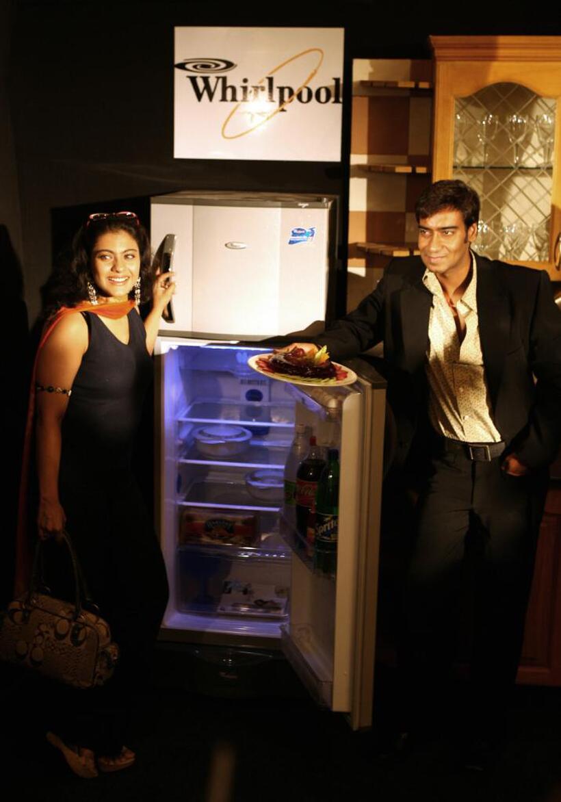 Kajol and Ajay Devgan at the launch of Whirlpool products in New Delhi.